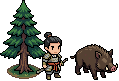 Jin with his sword beside a pine, facing a boar