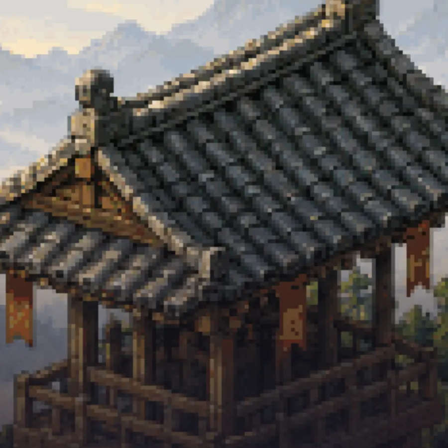 A wooden watchtower with a curved tiled roof above misty mountains, in pixel art